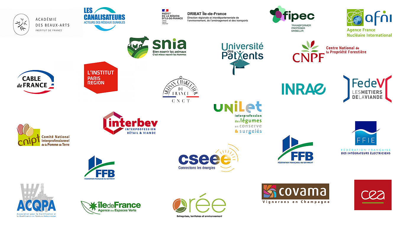 Logos des cleints de Bleu Citron Vo Académie Beaux Arts-Canalisateurs_DRIEAT-Fipec-Afni-Snia-CNPF-UNRAE-Fedv-Cea-FFB-ACQPA-Cseee-Covama-FFIE-Interbev-LaViande--Oree-Cable de France-Unilet-CNCT-L'institut Paris Région-Ile-de-France Agence des Expaces Verts-Université des Patients
